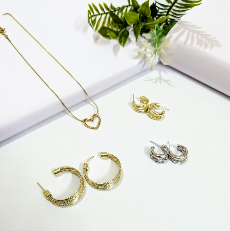 Hoop & Heart Elegance Combo – Golden Necklace & Hoop Earrings Set